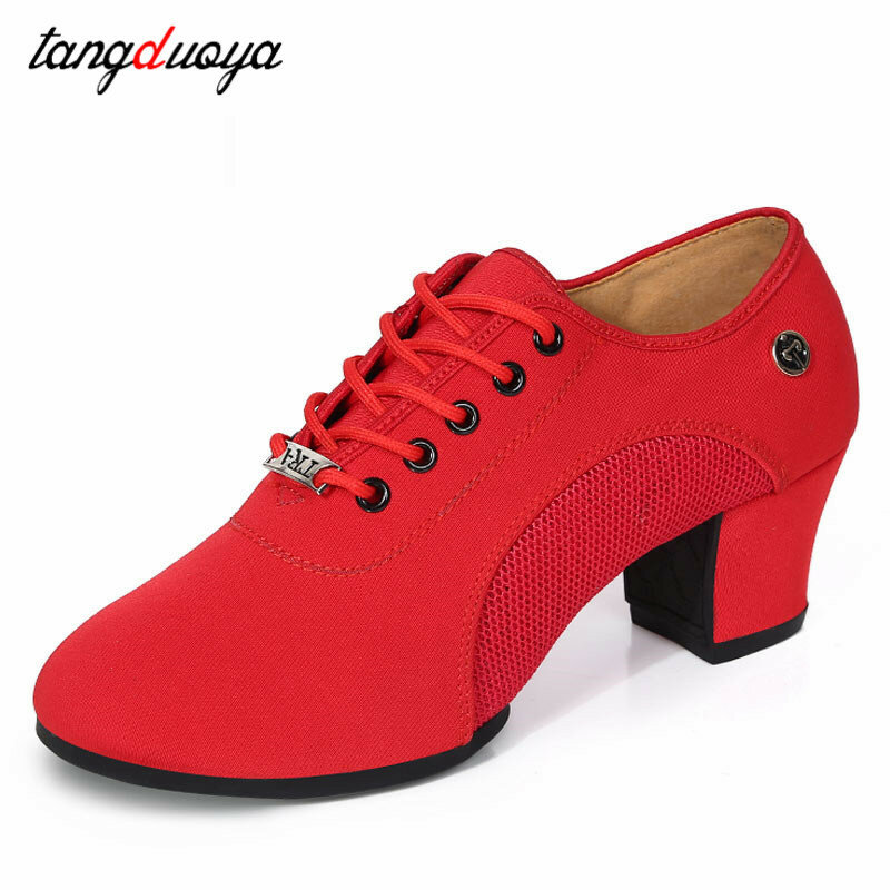 Zapatos de baile latino de salón para mujer, suela suave de tela, zapatos de baile de práctica de Tango, zapatillas de baile antideslizantes de tacón medio para mujer