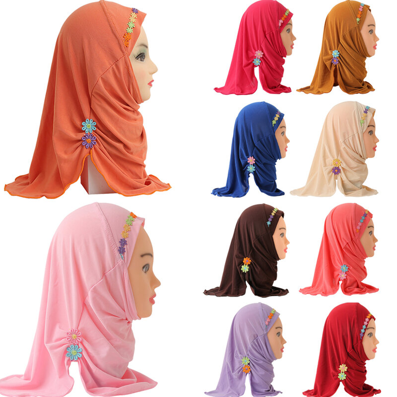 Muzułmańskie dziewczyny hidżab dzieci szal do opatulania się islamski szalik na głowę Amira Underscarf chusta hidżab dzieci arabski kwiat wzór czapka Bonnet 2-6Y