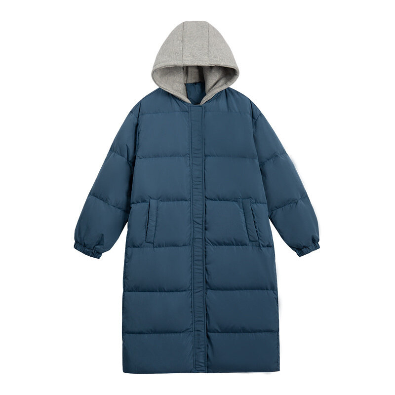 女性のための偽のツーピースフード付きジャケット,新しい,冬,白いダックダウンコート,厚い,暖かい長いパンのコート,2022