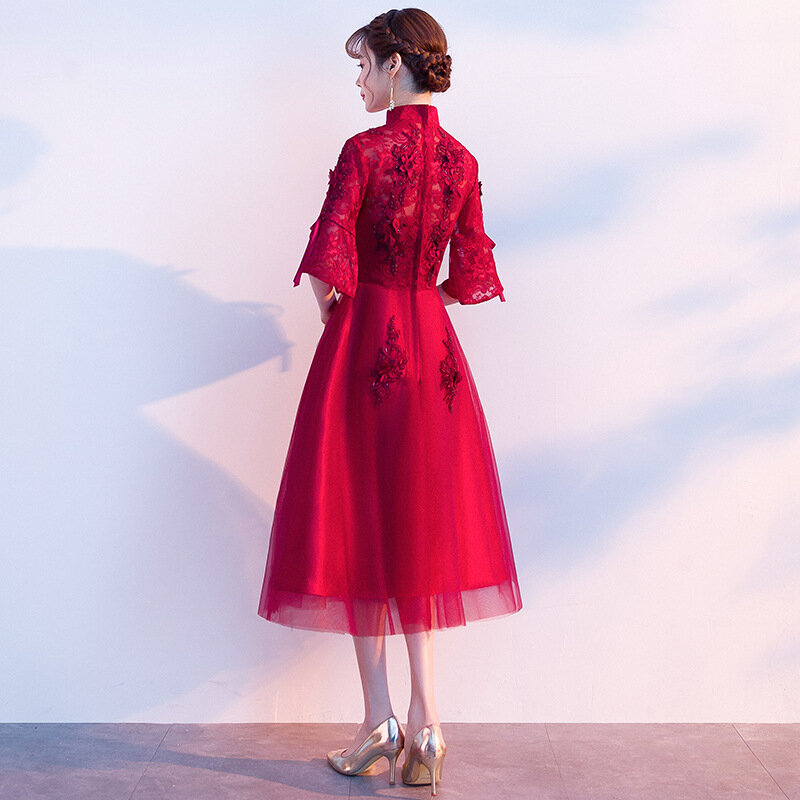 레이스 아플리케 디자인 Qipao 중국 스타일 웨딩 드레스 Cheongsam 이브닝 드레스 폴리 에스테르 정장 드레스 임산부 ZL635