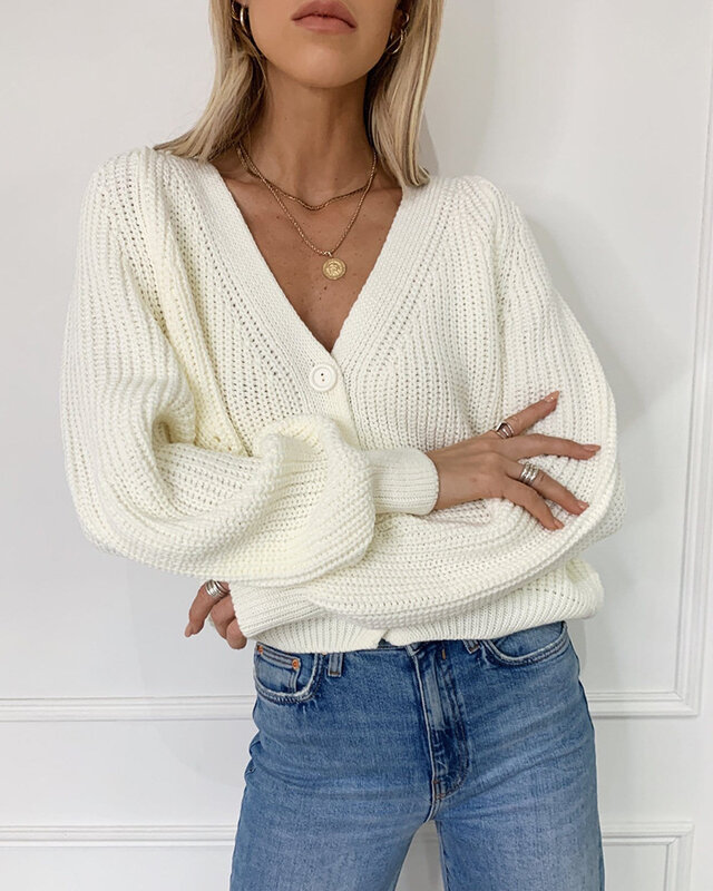 Cardigan  Sweaters Tops Women  2020 Autumn New Knit Loose Casual Solid Color V-neck Lantern Sleeves bat Sleeves  Button Jacket