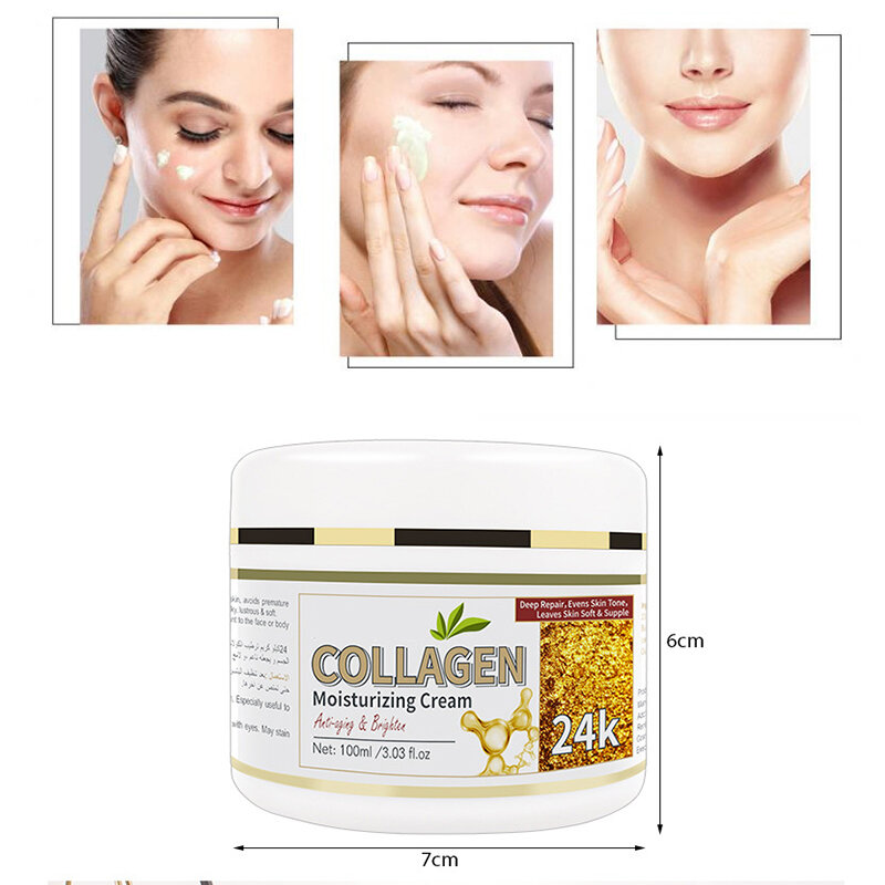 Creme facial de colágeno e antirrugas, creme hidratante de 100ml 24k para clareamento e levantamento potente de pele, cuidados com a pele