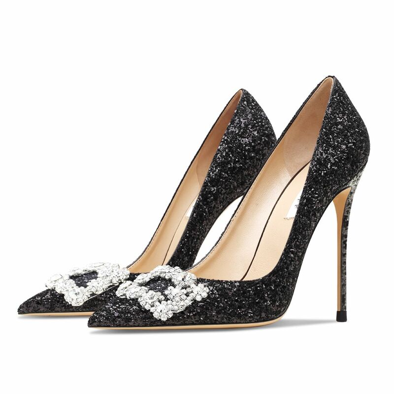 Couro real strass sapatos femininos sexy cristal sapatos de salto alto glitter moda bombas apontou dedo do pé 10cm stiletto sapatos de casamento