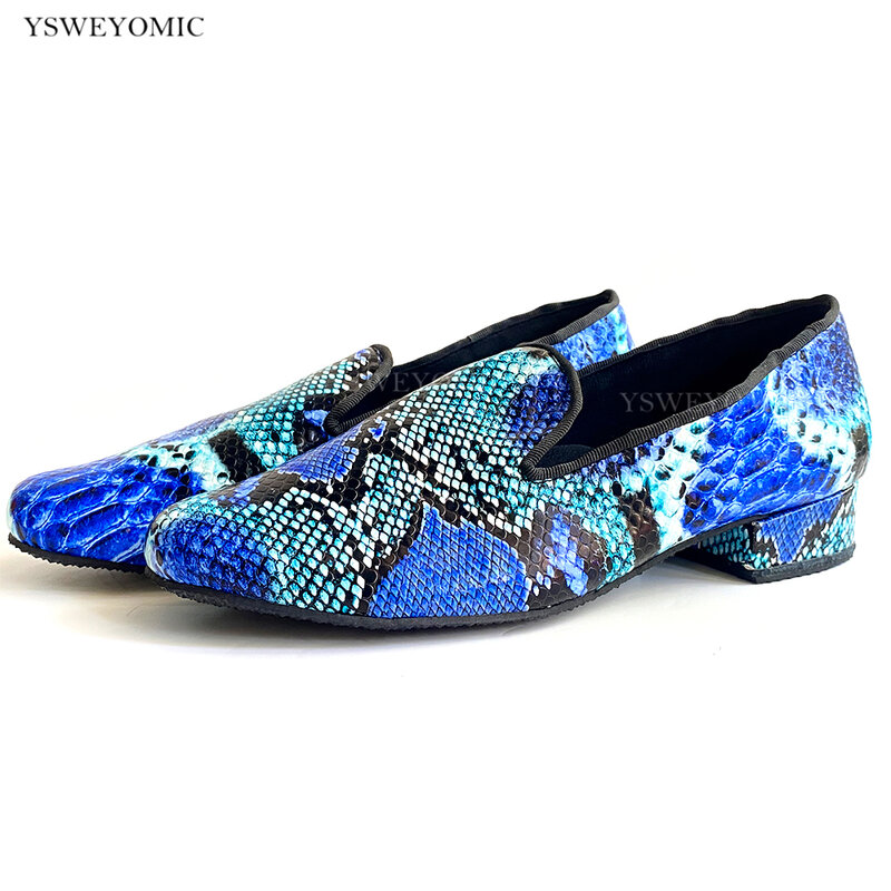 Chaussures de danse en cuir à imprimé serpent bleu pour hommes, talon bas de 2021 cm et 4cm, pour la danse latine Bachata Salsa, été 2.5