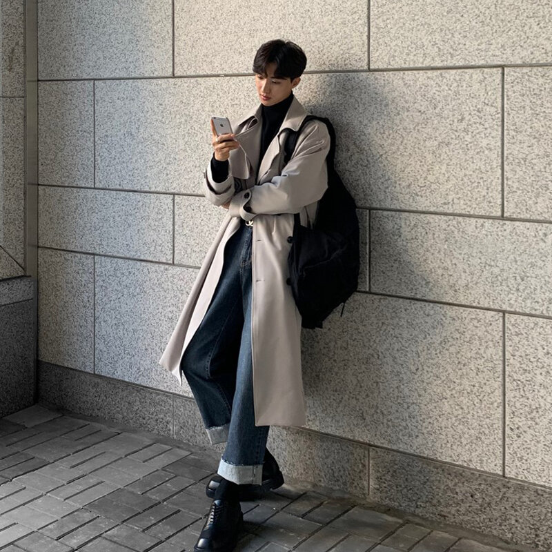 Mantel Trench Korea pria, jaket Windbreaker panjang jalanan, mantel pakaian luar mode musim semi baru