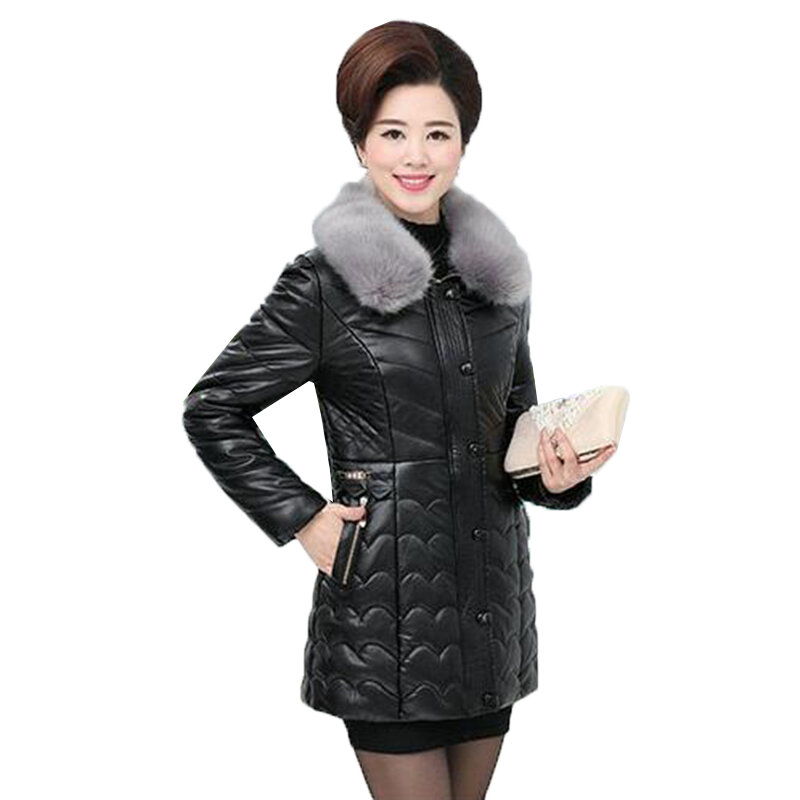 Кожаные куртки для женщин среднего возраста зимнее пальто средней длины с меховым воротником на молнии Толстая теплая хлопковая куртка парки пальто из ПУ K756