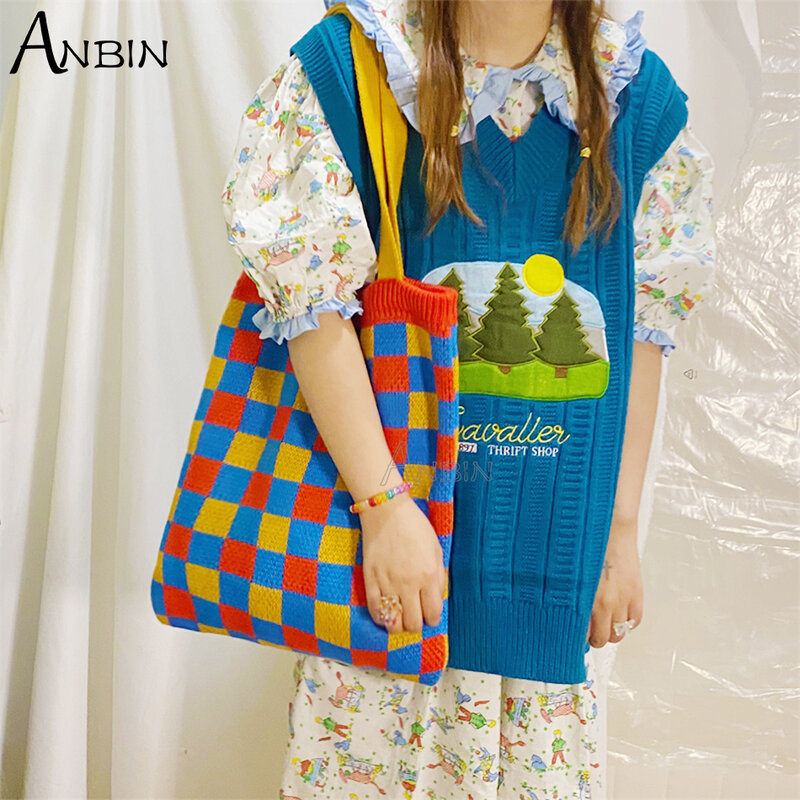여성 숄더 가방 니트 컬러 바둑판 쇼핑 가방 디자인 토트 여성 겨울 패션 위브 모직 격자 무늬 접는 핸드백