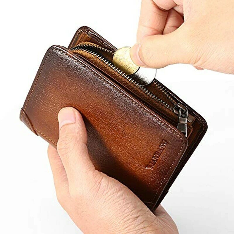 ManBang-cartera de cuero genuino con cremallera para hombre, tarjetero RFID de cuero de vaca, bolsillo para monedas, billetera plegable, marrón, alta calidad