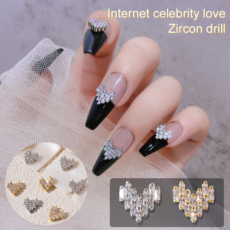 HNUIX 2pieces 3D metal Zircon Nail art heart-shaped jewelry  Nail Decorations Top quality Crystal Manicure Zircon Diamond Charms