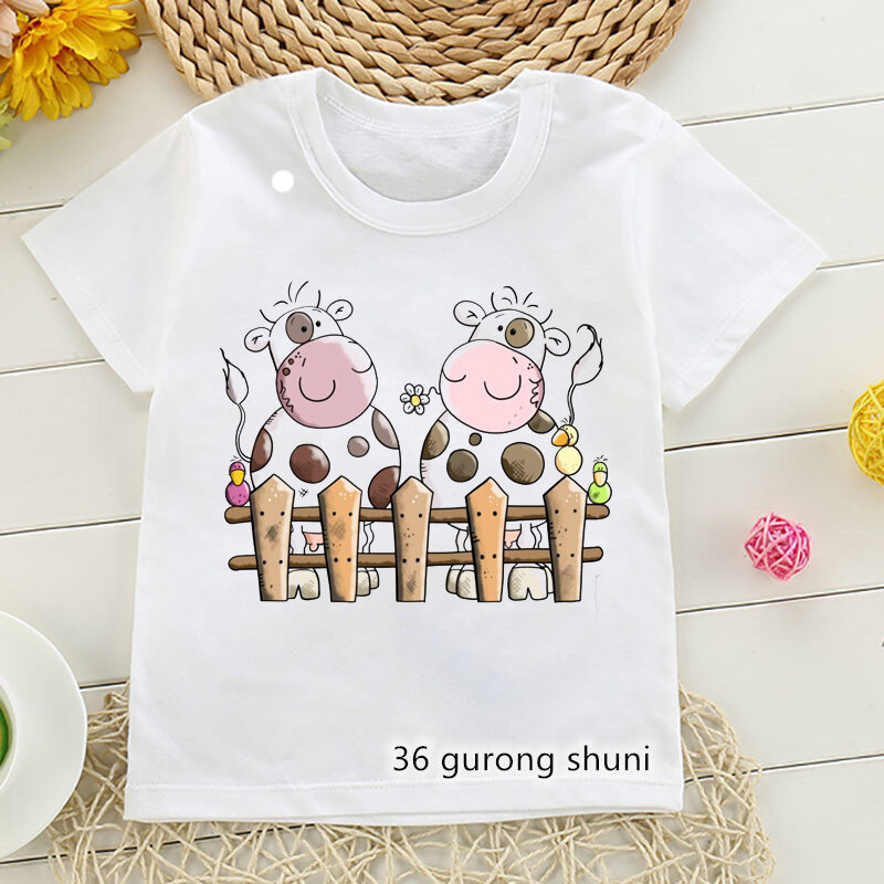 Camiseta para meninos engraçado vaca animal dos desenhos animados imprimir crianças roupas de verão casual da criança do bebê t camisa bonito meninos roupas brancas
