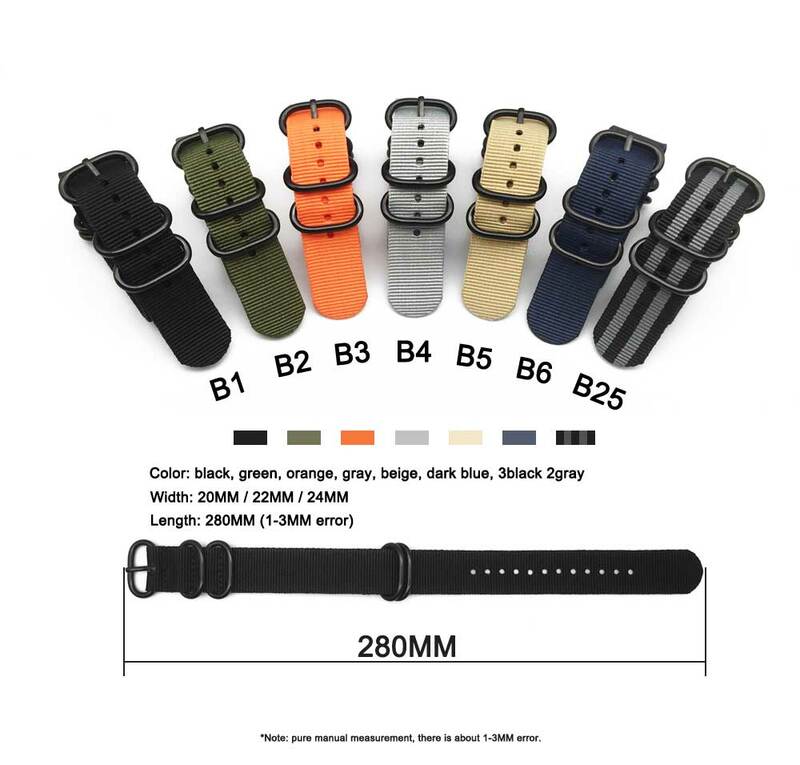 Correia de relógio de nylon, correias resistentes, fivela de anel para Samsung S3, 20mm, 22mm, 24mm