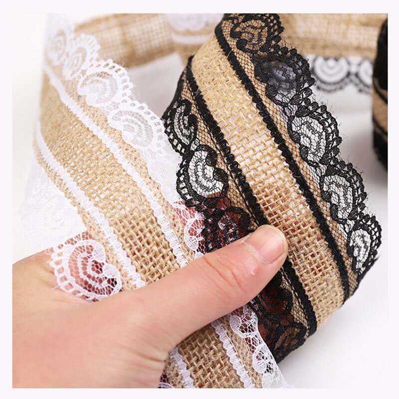 2Meter Natural Jute Burlap Hessian Lace Ribbon Roll White Lace Vintage Wedding Decoration Party Christmas Crafts Decorative