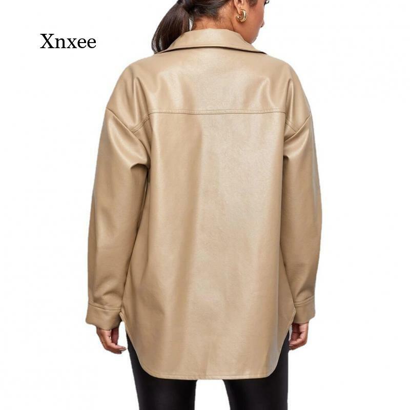 Jaket Kulit Imitasi Wanita Kancing Sebaris Mantel Musim Gugur Musim Dingin Kerah Lipat Bawah Pakaian Luar Longgar Solid Mantel Kasual Wanita Pakaian Luar