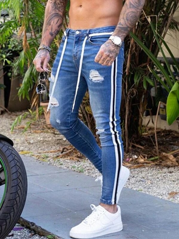 2021 Nieuwe Mannen Hip-Hop Gat Geript Broek Mode Witte Jeans Mannen Side Streep Jeans Big Size Merk skinny Stretch Slim Fit Broek