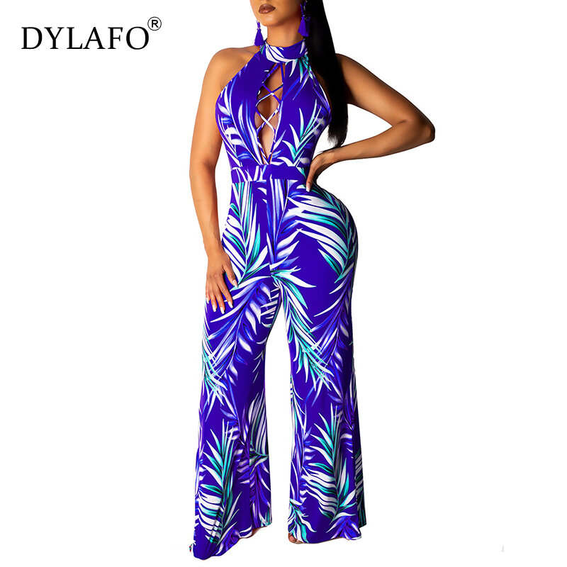 Sexy Women Halter Jumpsuit Sleeveless Halter Backless Hollow Out Playsuit Rompers Casual Slim Floral  Print Jumpsuit Overalls