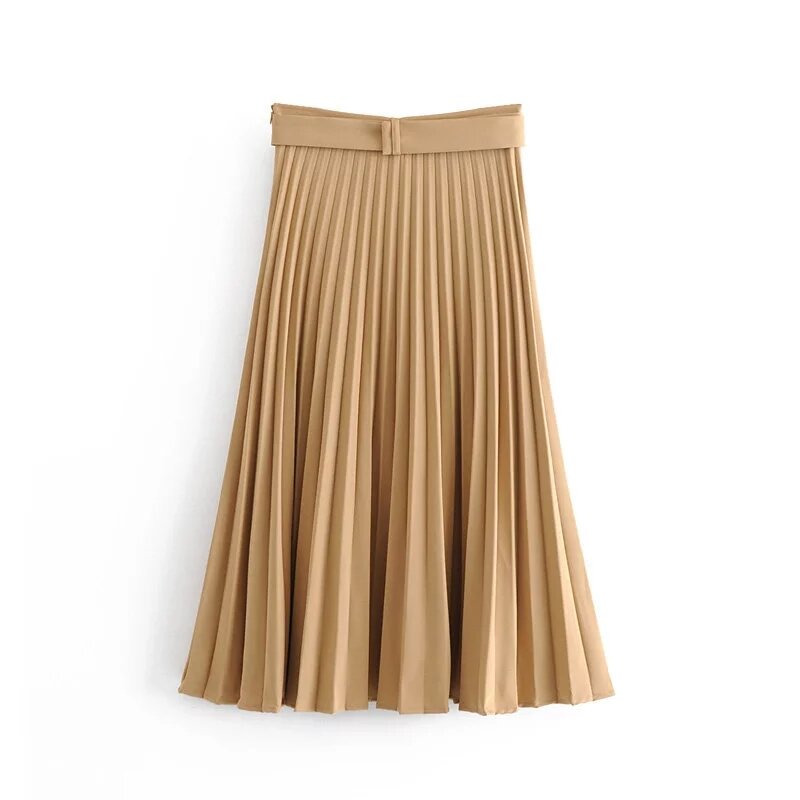 Withered england office lady elegant solid pleated high waist sashes midi long skirt women faldas mujer moda 2020 2 pieces set
