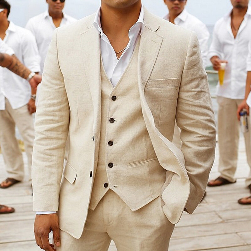 Setelan tuksedo pria kasual, setelan Blazer Linen 3 potong untuk pernikahan pengantin pria, tuksedo 2023, jaket + rompi + celana modis