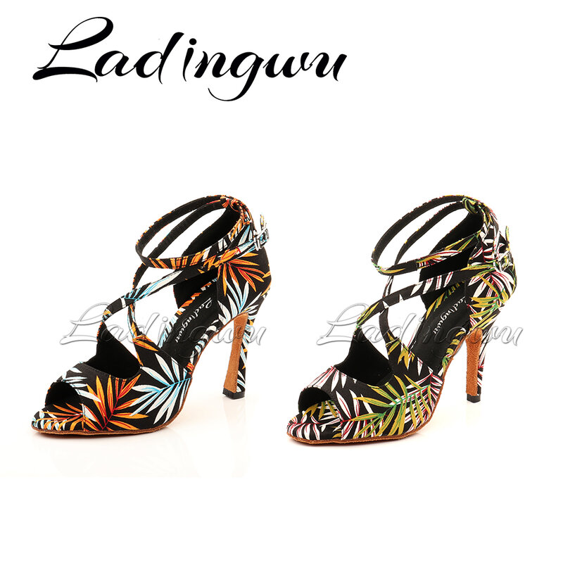 Ladingwu-Sandalias de satén con grafiti para mujer, zapatos de tacón alto para bailar Salsa, Jazz, salón, baile latino, tiras sociales, color negro