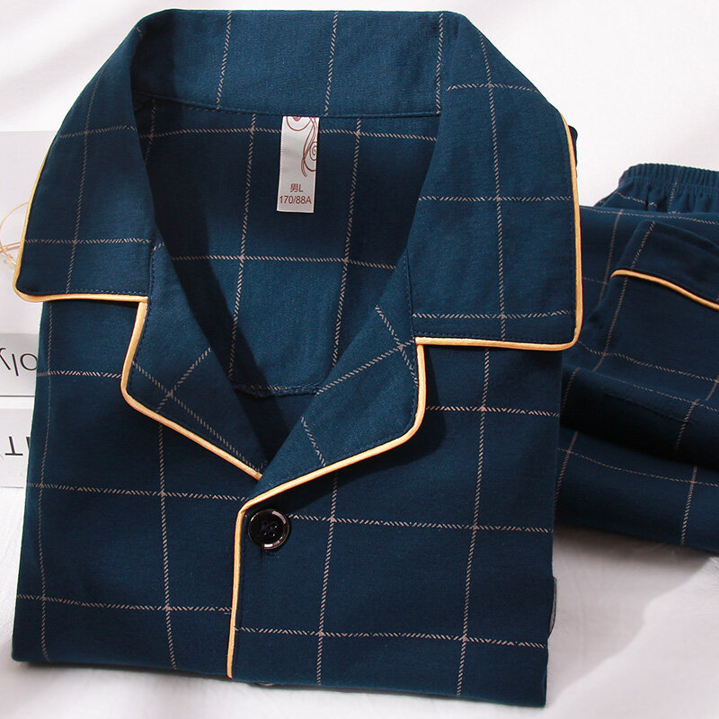 Biru Katun Kotak-kotak Pijamas Hombre Lengan Panjang Baju Tidur Button-Down Korea Piyama Set untuk Pria Murni Kapas Piyama PJ plus Ukuran