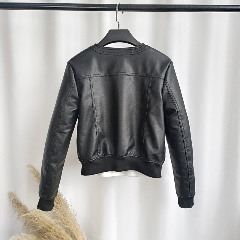 Chaqueta de motocicleta para mujer, abrigo de cuero sintético suave, informal, Vintage, negro, con cremallera, talla grande, otoño