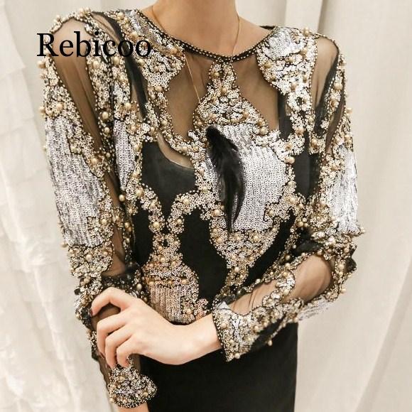 women crystal Blouses sexy lace beads autumn winter top and shirts  blusa femme camisa  wholesale