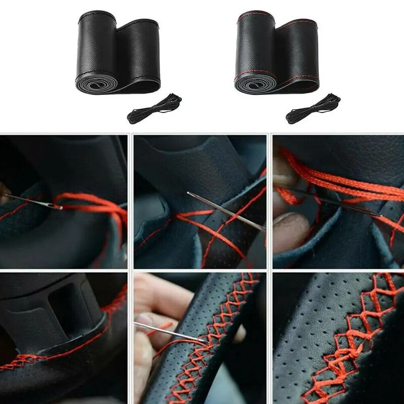 38cm Auto Steering Wheel Cover Genuine Soft Leather With Needle Thread DIY Anti-Slip Car Steering Cover