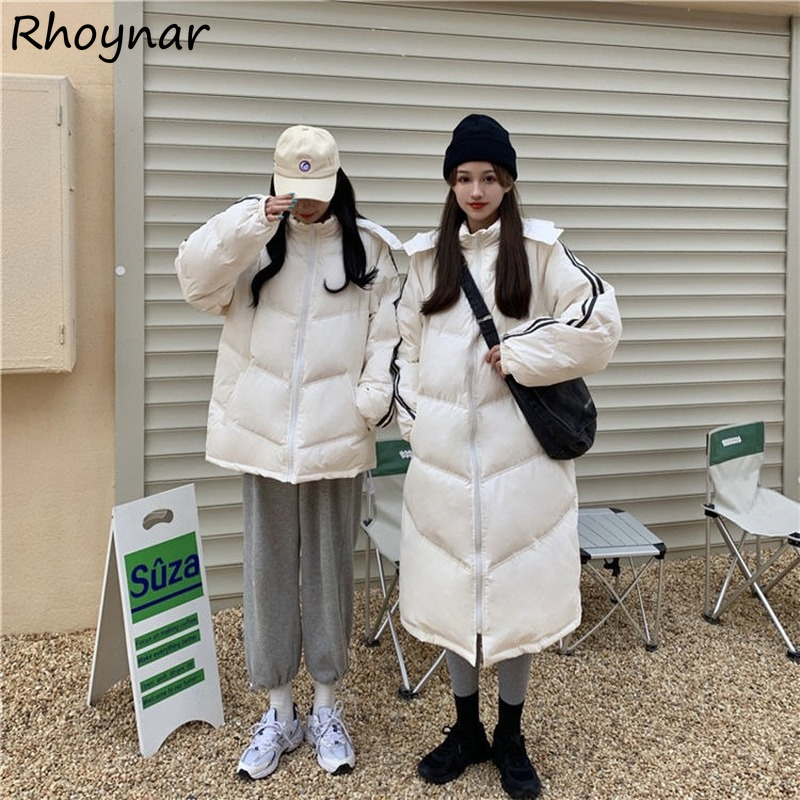 Parkas mulheres inverno solto com capuz casais unisex estilo coreano lado listrado vintage casual feminino outwear manga longa na moda retro