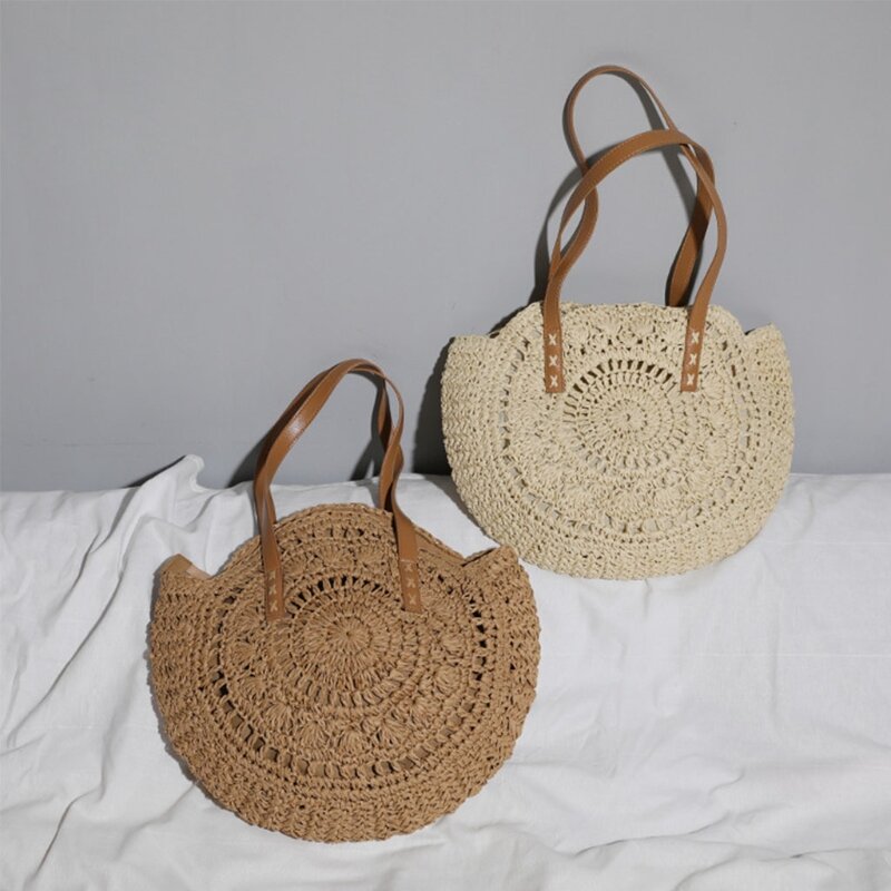 Women's Straw Handbags Large Summer Beach Tote Woven Round Bottom Handle Purse Shoulder Bag Vocation Handbag K5DA