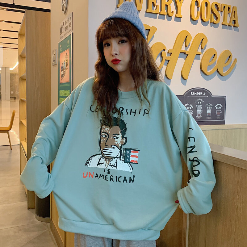 Kpop moda hoodies impressão carta hoodies feminino em torno do pescoço harajuku além de veludo manga longa camisola das senhoras topos roupas femininas