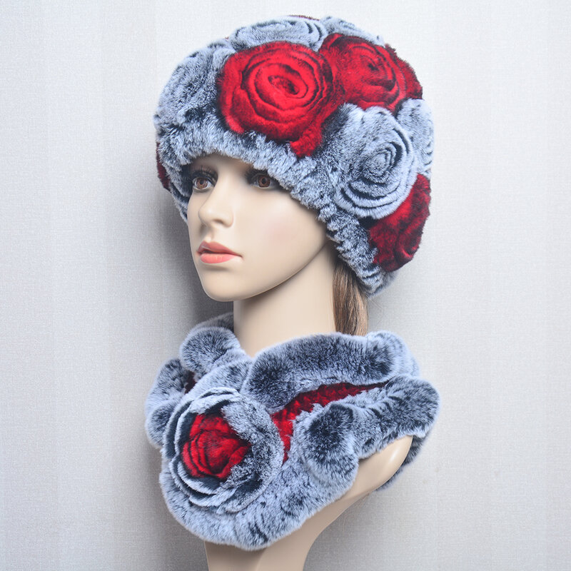 女性の冬の毛皮の帽子,スカーフのセット,自然な暖かい本物のレックスのウサギの毛皮のキャップ,女性のニット100%,本物の毛皮のマフラーヘッドギア