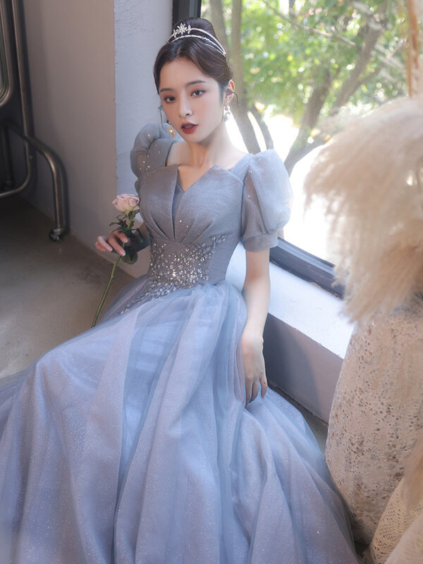 Women's Celebrity Dresses V-Neck Short Puff Sleeve Sequined Blue Party Gowns Floor-Length Embroidery Formal Banquet Dresses