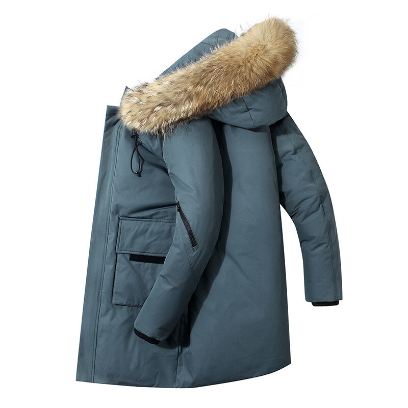 Jaqueta de penas com capuz, casaco masculino de inverno com gola grande de pelo