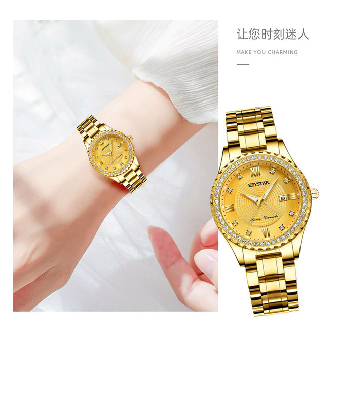 Zegarki damskie moda damska zegarek luksusowy diament damski złoty zegarek na rękę kalendarz damski zegarek damski ze stali nierdzewnej na prezent