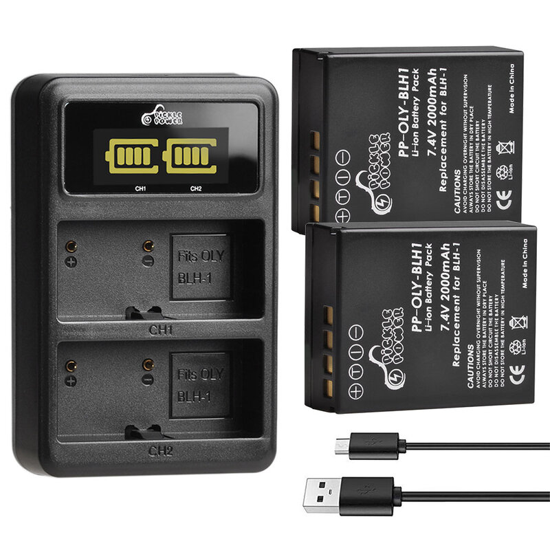 Batería de cámara BLH1, cargador Dual LED USB para cámara Olympus BLH-1 Mark II, potencia de 7,4 V, 2000mAh, E-M1