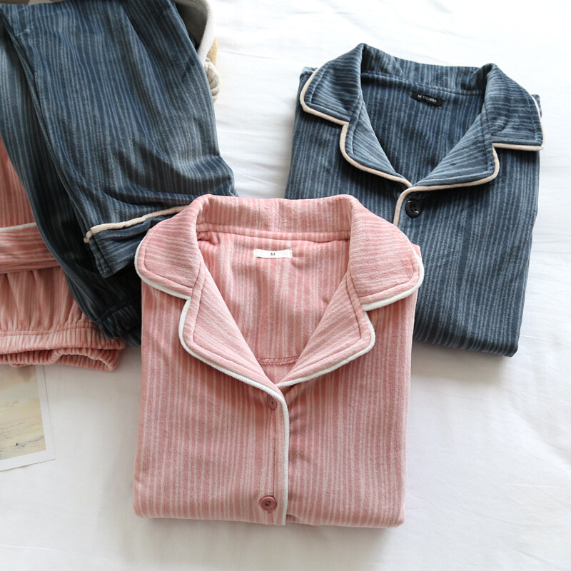 Kupokasi-Conjunto de pijama de franela gruesa para hombre y mujer, ropa de dormir informal, con solapa, color gris y rosa, para invierno, 2 piezas