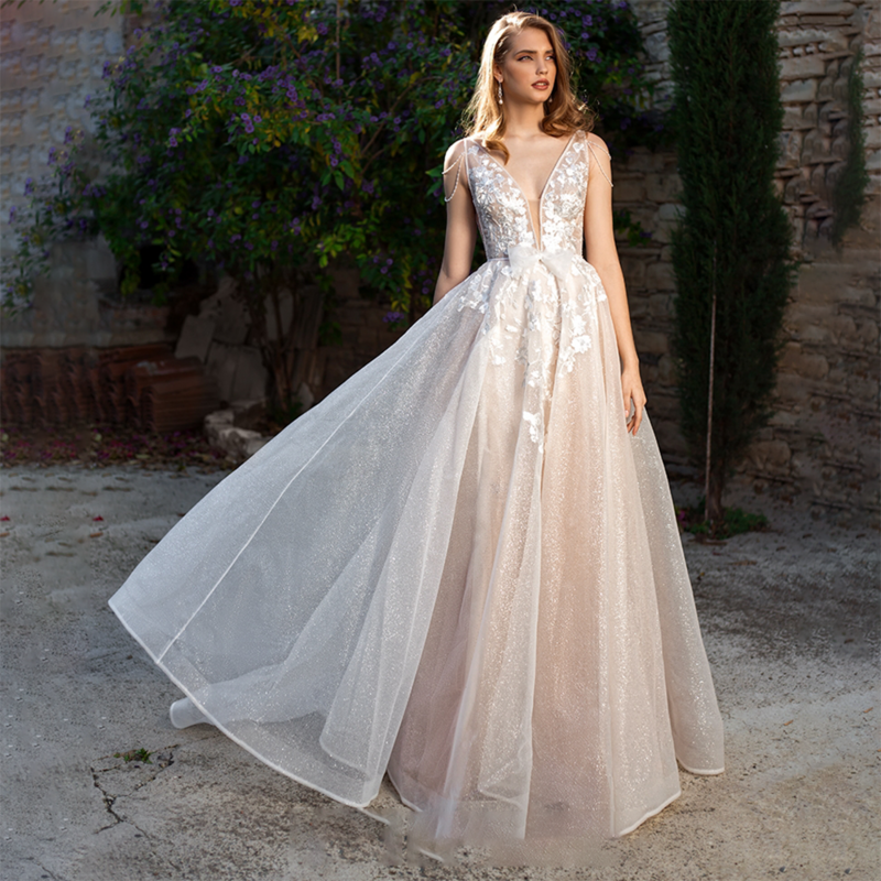Lusso Glitter Tulle scollo A V pizzo giardino abito da sposa perle nappe personalizzato Vintage una linea trasparente Appliqued abito da sposa