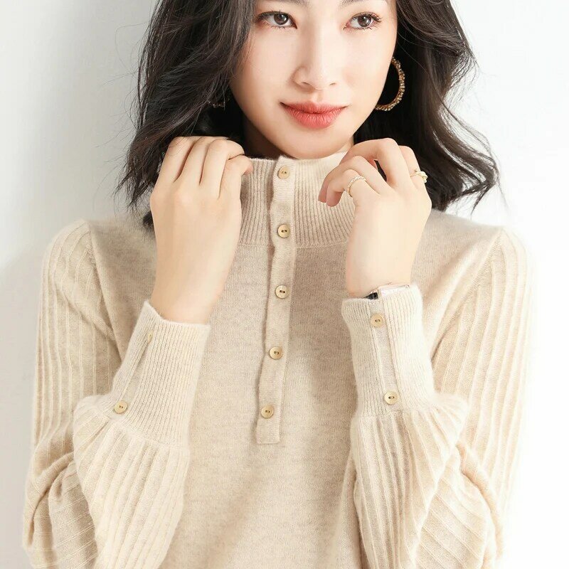 Sweter Wanita Lengan Lentera Setengah Leher Tinggi Sweter Wol Rajutan Ramping Mode Dasar Tombol Korea Musim Semi Musim Gugur Musim Dingin 2021 Baru