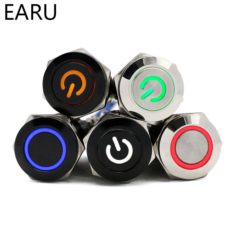 12mm Waterproof Metal Push Button Switch LED Light Black Momentary Latching Car Engine PC Power Switch 5V 12V 24V 220V Red Blue