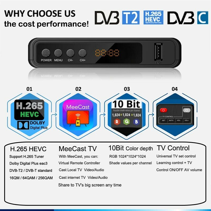 HEVC DVB-T2 DVB-C 디지털 TV 튜너, DVB T2 H265 안테나 리시버, 10 비트 HD 디코더, DVBT2 TV 스틱 캐스트 EPG 셋톱 박스 TDT 셋톱