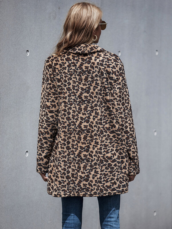 ผู้หญิงยาวเสื้อฤดูใบไม้ร่วงฤดูหนาว Warm Coat Outwear หญิง Faux Leopard ขนสัตว์สุภาพสตรีนุ่มเสื้อกันหนาว Plus ขนาด