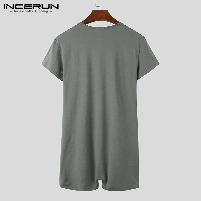INCERUN Men Pajamas Rompers Solid Short Sleeve V Neck Zipper Fitness Leisure Homewear Playsuits Cozy 2023 Jumpsuit Sleepwear