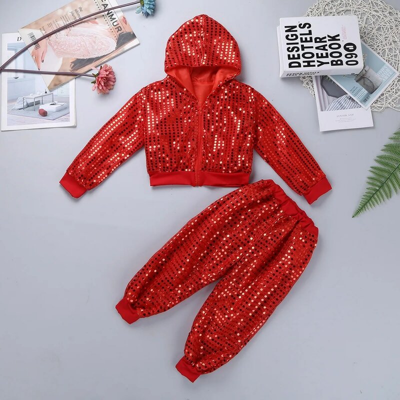 New Children Girls Hip-hop Jazz Dance Costumes Shiny Sequins Street Dancing Clothes Kids Long Sleeve Hooded Tops with Pants Sets