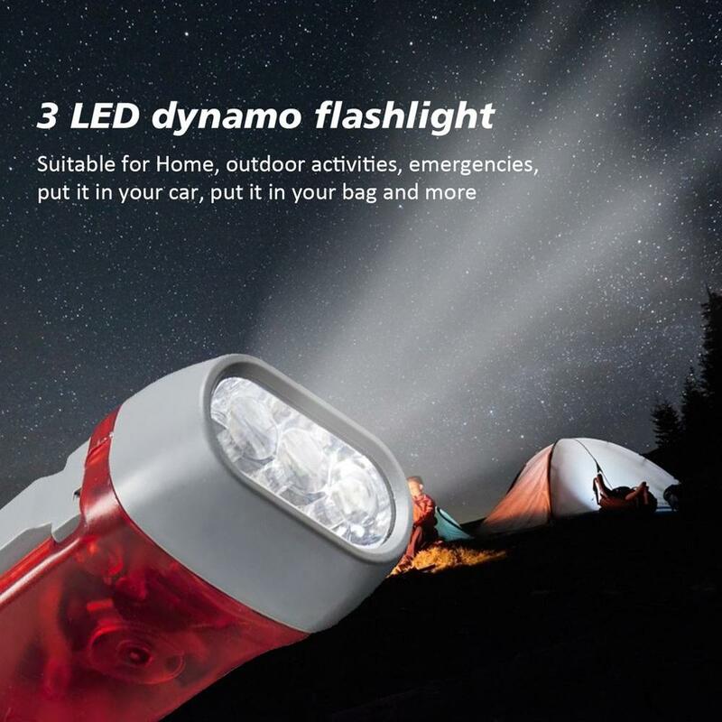 3 LED de mano de presión dínamo con manivela de potencia linterna con asa enrollable antorcha luz de mano prensa manivela lámpara de Camping Luz
