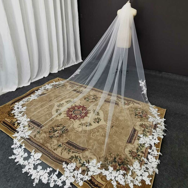 Foto reali velo da sposa in pizzo smerlato velo da sposa 3M con pettine cattedrale a uno strato velo bianco avorio accessori da sposa