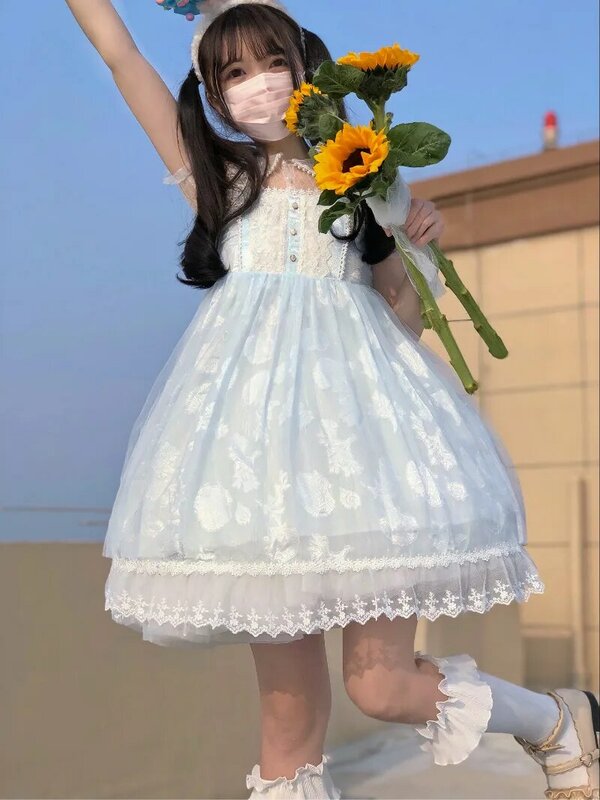 Lolita kawaii concha jacquard japonês macio irmã doce menina vestido de alça jsk menina verão