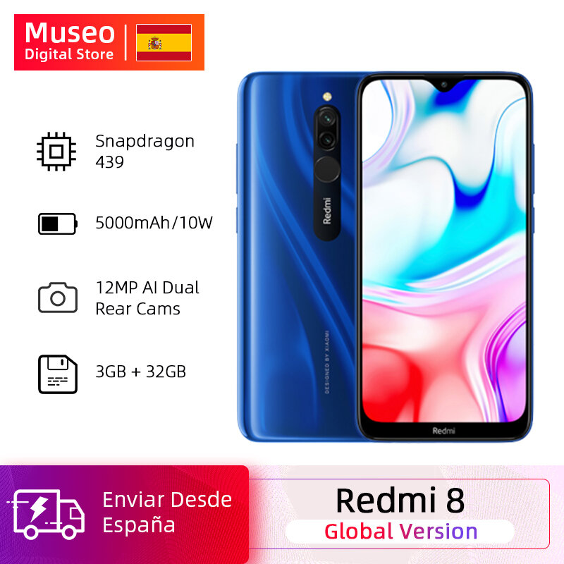 Celular xiaomi redmi 8 3gb + 32gb versão global, smartphone com snapdragon 439, núcleo octa core, câmera dual de 12mp, bateria de 5000mah bateria grande ota