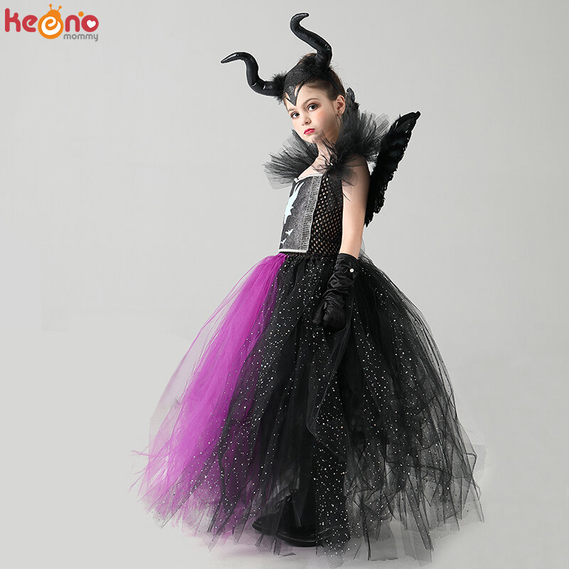 Disfraz de bruja de hada oscura para niñas, vestido de tutú de fantasía con ala de cuerno, brillante, disfraz de Halloween