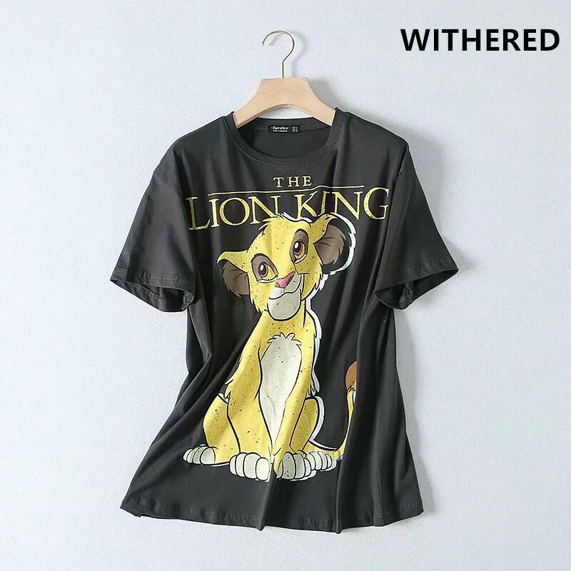 Withered high street vintage lion king cartoon printing o-neck washed t shirt women harajuku tshirt camisetas verano mujer 2019