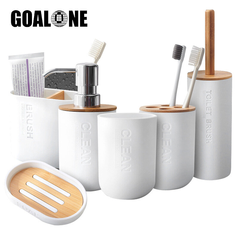 GOALONE-ملحقات الحمام المصنوعة من الخيزران ، وحامل فرشاة الأسنان ، وموزع الصابون ، ومجموعة فرشاة المرحاض ، وإكسسوارات الديكور للحمام