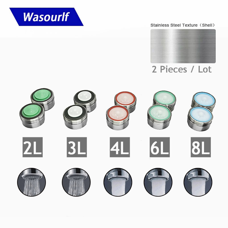WASOURLF-물 절약 수도꼭지 에어레이터, 스테인레스 스틸 쉘 M24 수나사, 2L, 3L, 4L 탭, 주방 액세서리 피팅, 2 개